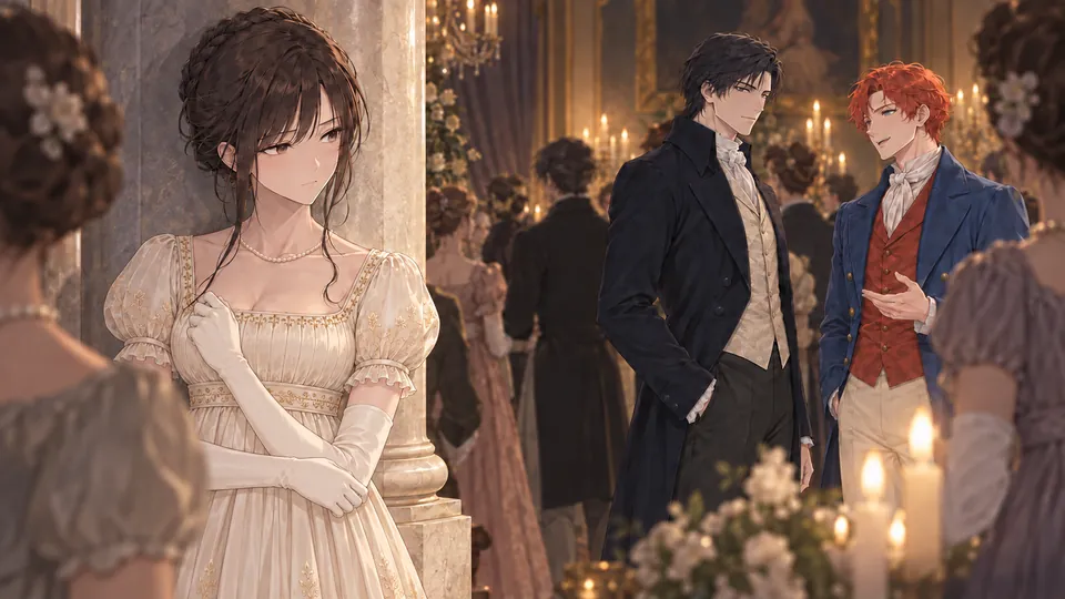 Elizabeth at a ball as Mr. Darcy and Mr. Bingley arrive