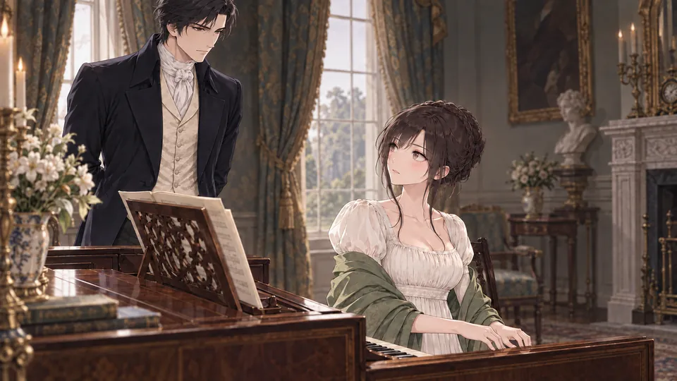 Elizabeth at the pianoforte while Mr. Darcy listens