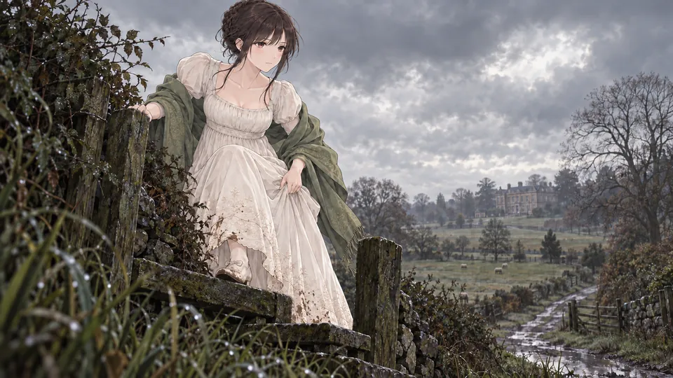 Elizabeth crossing muddy fields on a grey morning